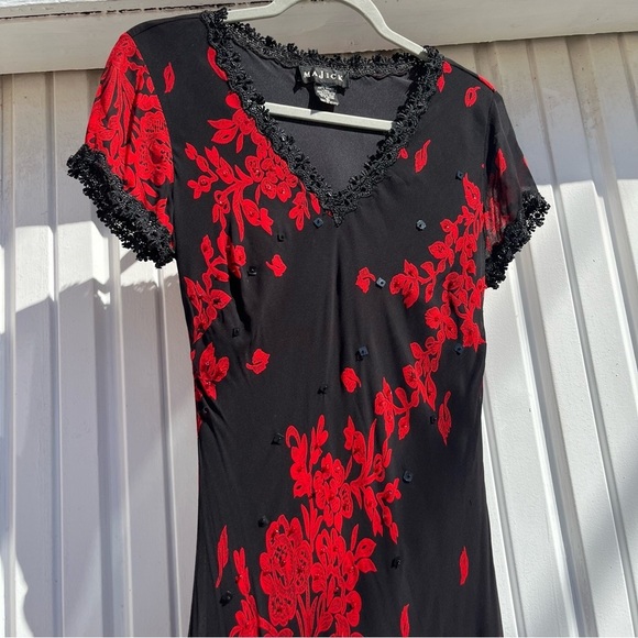 MAJICK vintage black sheer red floral sequin lace trim short sleeve midi maxi - Picture 3 of 8